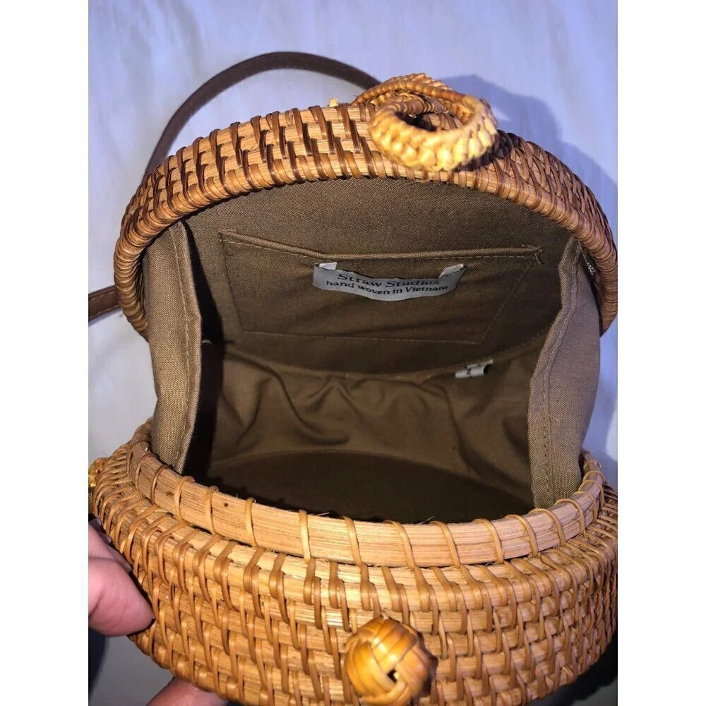 Straw Studios Bag Woven Circle Crossbody Shoulder Wicker Summer Beach Handmade - Picture 4 of 8